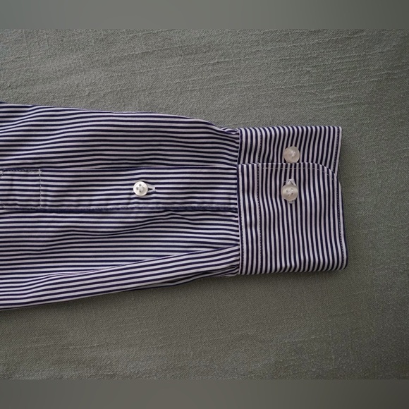 Suitsupply Navy Thin Striped Mandarin Collar Button Down Shirt (Size 38) - Picture 5 of 9